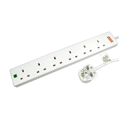 Image of World of Data 6 Way Surge Protected Extension Lead White Coloured Neon Indicator 2m Cable BSI codes BS1363/A and BS5733/A