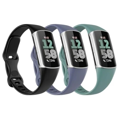 Image of Astorgos 3 Pack Slim Straps Compatible with Fitbit Charge 6/Charge 5 for Women Men, Soft TPE Watch Strap Thin Band Replacement Wristband, Black/Pine Green/Blue Gray