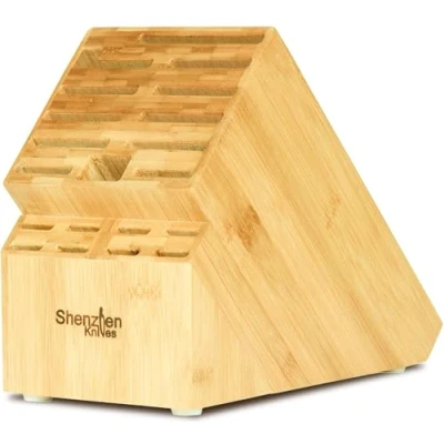 Image of 20 Slot Universal Knife Block: Shenzhen Knives Large Bamboo Wood Block Without Countertop Butcher Holder and Organizer with Wide Slots for Easy Kitchen Storage