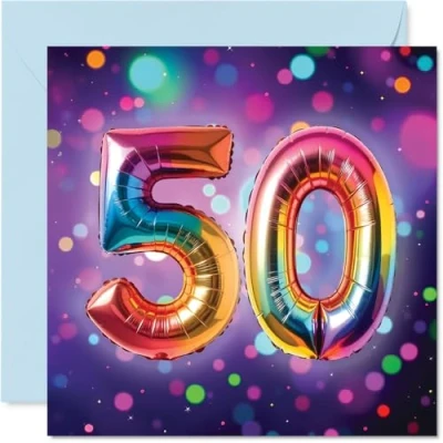 Image of 50th Birthday Cards for Men Women Rainbow Foil Balloon Happy Card 50 Year Old Man Woman Grandma Friend Auntie Neighbour, 145mm Bday Greeting