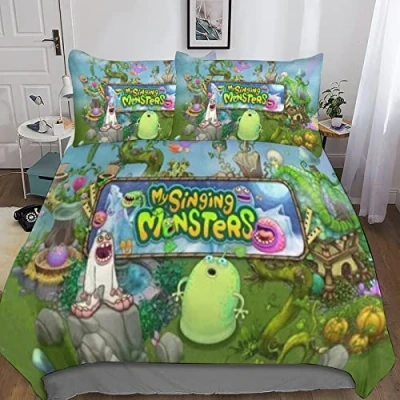Image of KRIVS My Singing Monsters 3 Piece Set Printed Duvet Cover Bed Set, Bedding Soft Comforter With Zipper Quilt &amp; Pillowcaseswith Closure Microfiber Double（200x200cm）