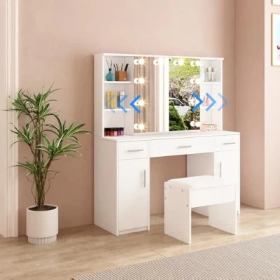 Image of White Dressing Table, Tables with Light Bulbs Set Vanity Makeup Table 3 Drawers 2 Doors Sliding Mirror &amp; Cushioned Stool for Bedroom Living Room
