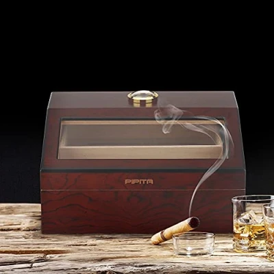 Image of PIPITA Cigar Humidor, Box with Hygrometer and Humidifier, Cedar Wood Desktop Humidors for 25 50Cigars (Glass Top) (PD089)