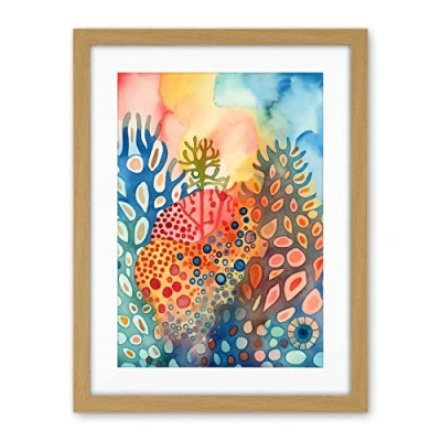 Image of Artery8 Coral Reef Folk Art Watercolour Painting Artwork Framed Wall Print 18X24 Inch