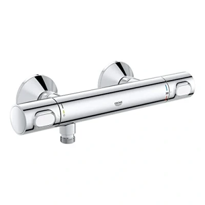 Image of GROHE Precision Flow Wall Mounted Thermostatic Mixer Shower Set (1 Spray Hand 10cm, Rail 60cm, Hose 1.75 m, Temperature Safety Button, Water Saving Button), Chrome, 34841000
