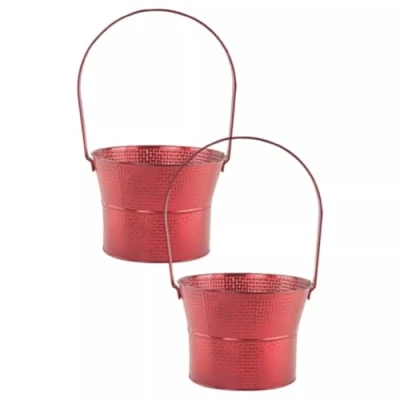 Image of Fyne Finds Set of 2 Christmas Red Galvanised Plant Pot Tin Metal Posy Xmas Planter Festive Bucket