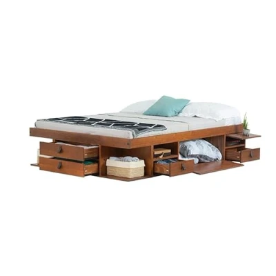 Image of storage bed Bali Super King 6FT (180x200 cm) Caramel Double frame with drawers and shelves, ideal for small bedrooms Sturdy platform of solid pine wood Incl. slatted