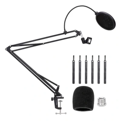 Image of Amazon Basics Adjustable Microphone Arm Stand with Pop Filter and Foam Windscreen, Table Mounting Clamp, 360 Rotation, Compatible Blue Yeti, Snowball, HyperX, 19 Inch (48.2 cm), Black