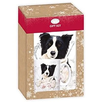 Image of Border Collie Dog Flowers Butterfly Gift Box Set of Ceramic Mug and A5 Notebook