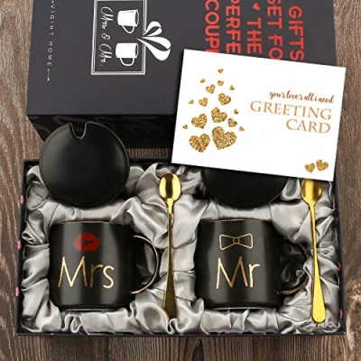 Image of Mr and Mrs Couples Coffee Mugs Cups Gifts Set for Engagement Wedding Bridal Shower Bride Groom to Be Newlyweds Anniversary Ceramic Marble