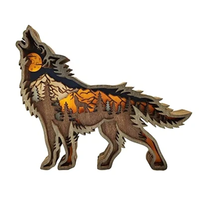 Image of NA Wood Carving Wolf Ornament Howling Statue Gift for Living Room Decorative Home Accessories Desk Decoration