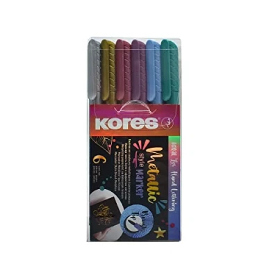 Image of Kores Metallic Marker Pens Brush Tip Soft Tip, Water Based Ink Colouring Pens, for Colouring, Art Supplies, Stationery Set, Lettering Kit Set of 6