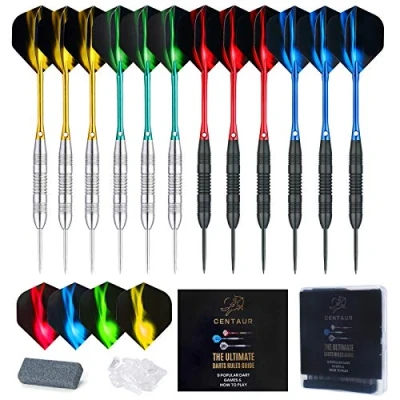 Image of centaur 12 Pack Steel Tip Darts, Professional 22 Grams Metal Dart Set with 4 Color Premium Aluminum Shafts and Style PET Flights Case, Silver &amp; Black
