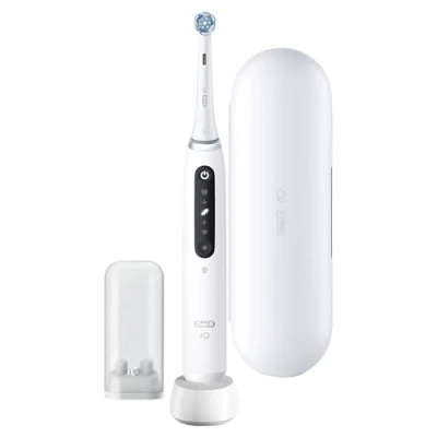 Image of Oral B iO Series 5 Electric Toothbrush, Cleaning Modes for Dental Care, LED Display &amp; Travel Case, Valentine&#039;s Day Gift Him/Her, Designed by Braun, Quite White