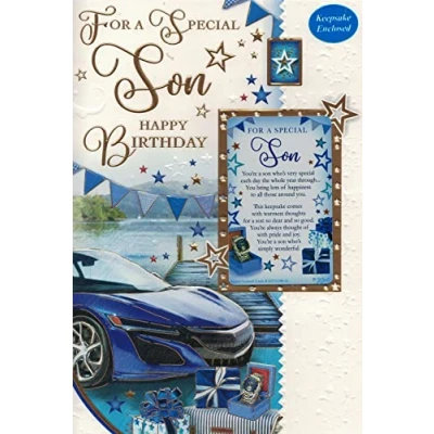 Image of SPECIAL SON BIRTHDAY CARD. ATTACHED KEEPSAKE CARD, 9 X 6 INCHES KT7510B/02