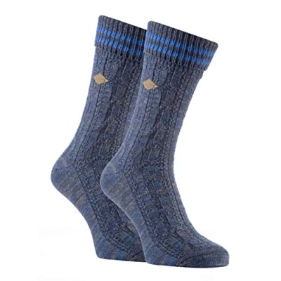 Image of Farah 2 Pack Mens 1920 Cable Knit Thick Cotton Warm Ribbed Boot Dress Socks with Turn Over Top (6 11 uk, 06 Medieval Blue/Heather Blue)