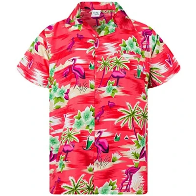Image of King Kameha Mens Flamingos Short Sleeve Hawaiian Shirt Novelty Summer Vibes, Flamingos, Red, 6XL