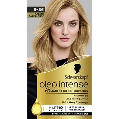 Image of Schwarzkopf Oleo Intense Permanent Oil Colour 8 86 Golden Dark Blonde Hair Dye, 100% Grey Coverage, Conditioner with HaptIQ System, Long Lasting Colour, Ammonia Free Dye