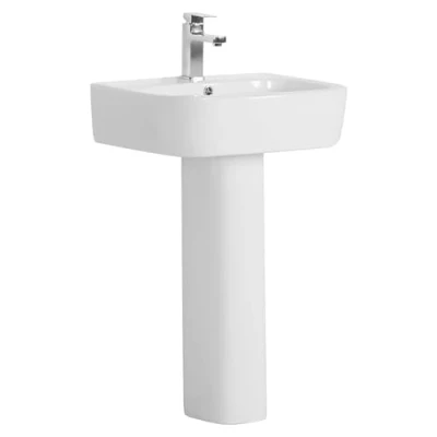 Image of 550mm Floor Standing Bathroom Sink Wash Basin Bowl Full Pedestal Cloakroom Single Tap Hole Overflow Vessel White Ceramic Curved Modern Square