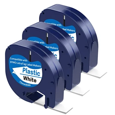 Image of 3 x 91201 Label Tape Replacement for Dymo Letratag Plastic White S0721610 12mm 4m Maker Compatible with LT 110T 100H 100T QX50 XR XM 2000