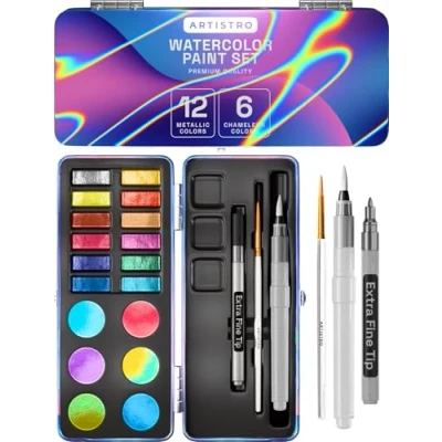 Image of ARTISTRO Metallic Watercolor Paints Set of 18, Including 12 Glitter and 6 Chameleon Colors. Perfect Travel for Artists, Amateur Hobbyists Painting Lovers