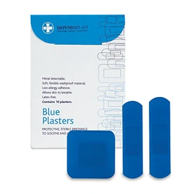 Image of Dependaplast Food Area Blue Plasters With High Visibility And Metal Detection Properties, Easily Detectable, Individually Wrapped Assorted wallet of 10