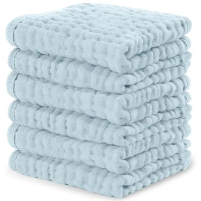 Image of Comfy Cubs Muslin Cloths for Baby Pack of 6 Soft Layer Cotton Delicate Skin 25 x cm Large Size Absorbent, Durable, Gentle Wash Cloth Newborns and Toddlers Sky Blue