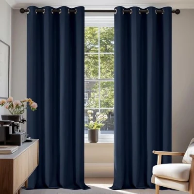Image of Deconovo Soft Solid Thermal Insulated Blackout Curtains for Boys Bedroom Eyelet 55x87 Inch Two Panels Navy Blue