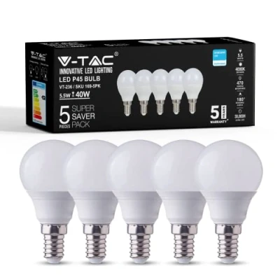 Image of V TAC E14 Golf Ball LED Light Bulb P45 Small Screw SES 5.5 W (Replaces 40 W) 4000K Day White, Pack of 5