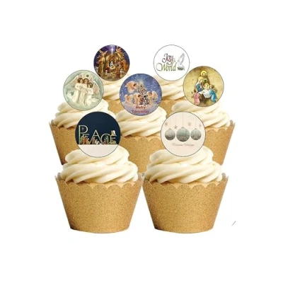 Image of 24 Precut Religious Christmas Edible Wafer Paper Cupcake Toppers Decorations