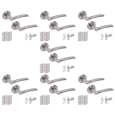 Image of HANDLEZONE® 7 Sets Ursa Internal Door Handles on Rose Lever Latch Packs with 75mm Ball Bearing Hinges and 76mm Latches Dual Polished/Satin Nickel