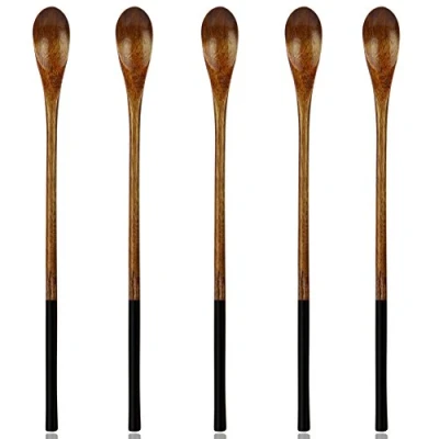 Image of AOOSY Wooden Spoons,Wood Long Handle Spoon 5 Pieces Natural Wood Mixing Set for Coffee Ice Tea Hot Drinks(Dark Brown)