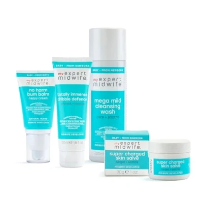 Image of My Expert Midwife Newborn Baby Mega Mild Skincare Starter Kit Clean Ingredients Sensitive Skin + Fragrance Free Set of 5 Cleansing Wash, Moisture Milk, Nappy Cream, Massage Balm, Dribble Defence