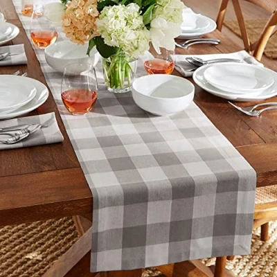 Image of Elrene Home Fashions Farmhouse Living Buffalo Check Table Runner, Rustic Kitchen and Linens, 13&quot; x 70&quot;, Gray/White