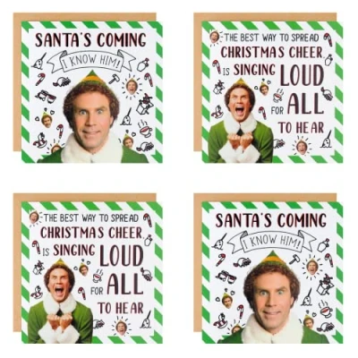Image of Cardology Christmas Cards Pack of 4 2 x Funny Buddy The Elf Designs Officially Licensed