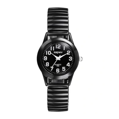 Image of JewelryWe Women Elastic Band Watch: Analog Quartz All Black Stretchable Strap Watch Easy Reader Wrist for Mother&#039;s Day