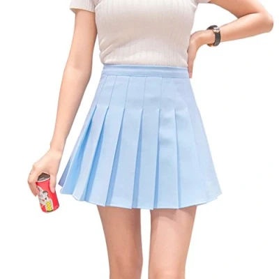 Image of Hoerev Women Girls Short High Waist Pleated Skater Tennis School Skirt,XL, Blue 12