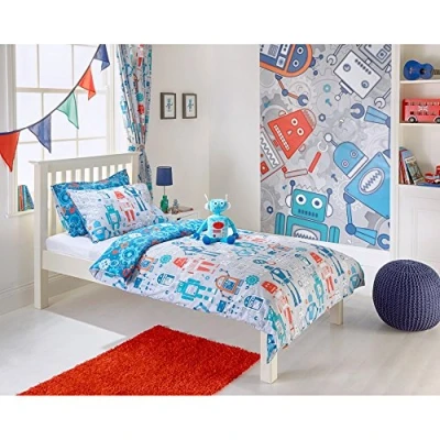 Image of Riva Paoletti Kids Robot Pencil Pleat Curtains (Pair) Blue and Grey Matching Tiebacks Machine Washable 168 Cm Width X 183 Drop (66&quot; 72&quot; Inches) Designed in the UK