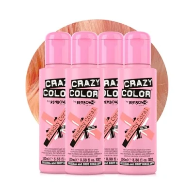 Image of Crazy Color Vibrant Peachy Coral Semi Permanent 4 Pack Quad Hair Dye. Highly Pigmented Pinky Peach Conditioning &amp; Oil Nourishing Vegan Formula No Bleach or Ammonia 400ml