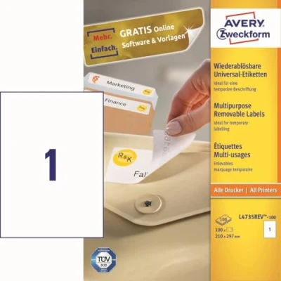 Image of Avery Zweckform L4730REV 25 Universal Labels 100 Etiketten, 210 x 297 mm weiß (wiederablösbar)