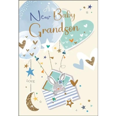 Image of New Baby Grandson Congratulations Card Bunny Rabbit and Balloons Special Finishes Illustrated Insert Leaf Made in the UK