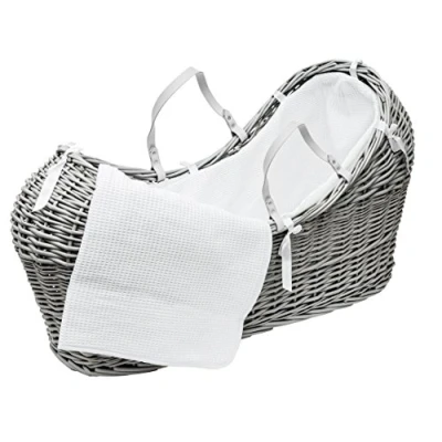 Image of ELEGANT BABY White Waffle Grey Wicker Pod Moses Basket with Full Bedding, Padded Surround, Quilt &amp; Fibre Mattress