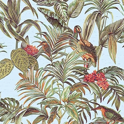 Image of Duck Egg Blue Tropical Wallpaper Birds Palm Textured Green Paste The Wall Vinyl