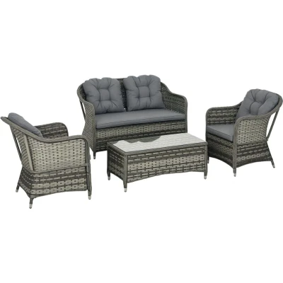 Image of Outsunny 4 Pieces Outdoor PE Rattan Garden Furniture with Cushions, Patio Special Hand Weave Wicker Conservatory Sofa Set Glass Top Coffee Table, Mixed Grey