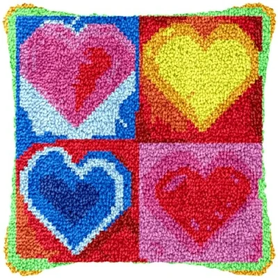 Image of CAIRF Colourful Heart Pattern DIY Pillowcase Craft Kit Latch Hook Kits for Adults Cushion Cover, 43 X cm