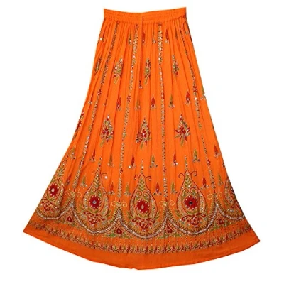Image of Fashion of India Women&#039;s Long Bohemian Maxi Skirt Gypsy Hippie Boho Chic Style Dress, Orange, Regular