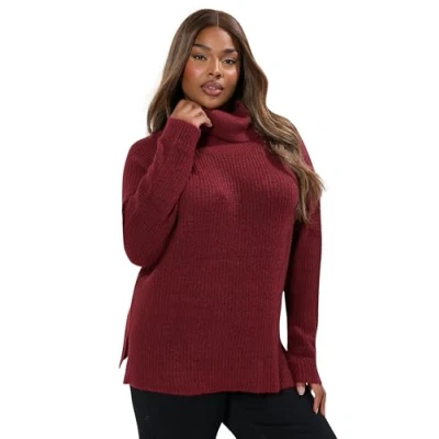 Image of Yours Curve Burgundy Roll Neck Knitted Jumper Women&#039;s Plus Size