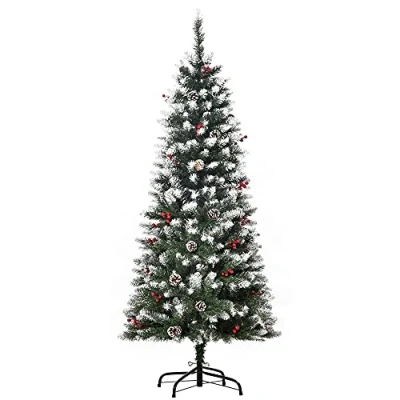 Image of HOMCOM 5FT Artificial Christmas Tree Xmas Pencil with Red Berries and Pinecones Holiday Home Indoor Decoration Foldable Feet, Green