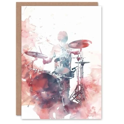 Image of Artery8 Greeting Card Drummer Playing Drums Set Modern Watercolour Red Blank For All Him Or Her Art Birthday