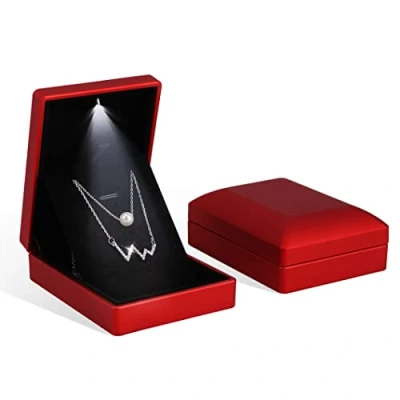 Image of Rolin Roly 2PCS Pendant Box with LED Light Red Square Shape Velvet Storage Jewelry Boxes Display Necklace Gift Case for Organizer Engagement Anniversaries Weddings